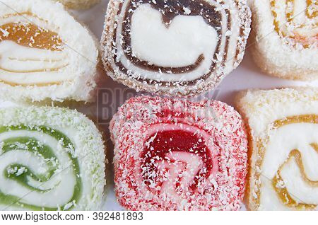 Oriental Sweets, Rahat Lucum On A White Background. Beautiful Background.