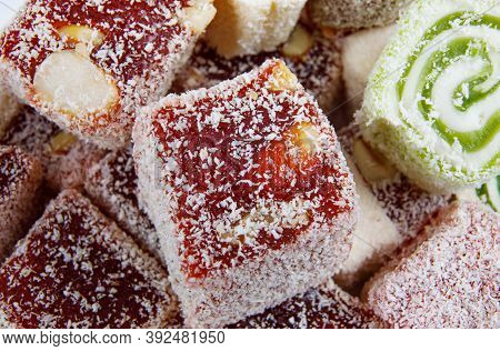 Oriental Sweets, Rahat Lucum. Beautiful Background. Delicious And Beautiful Candy. Sweets.