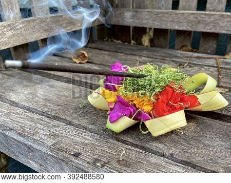 Canang With Flower And Dupa Bali Indonesia