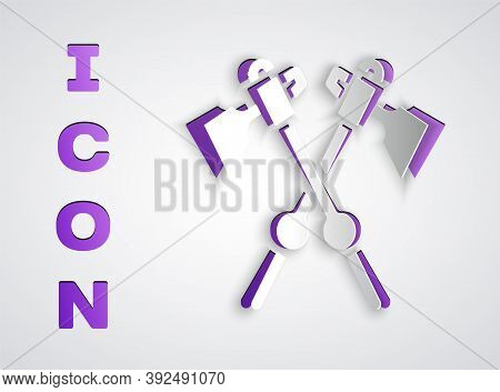 Paper Cut Crossed Medieval Axes Icon Isolated On Grey Background. Battle Axe, Executioner Axe. Medie