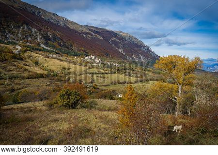 Mountain Autumn View Of Village Of Roccacaramanico In Abruzzo, Italy