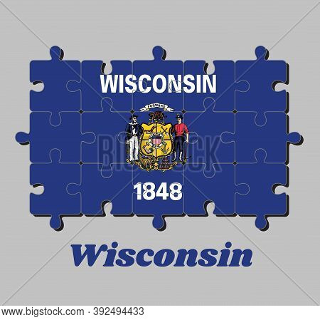 Jigsaw Puzzle Of Wisconsin Flag, Coat Of Arms On Dark Blue Field With The Name Of The State And The 