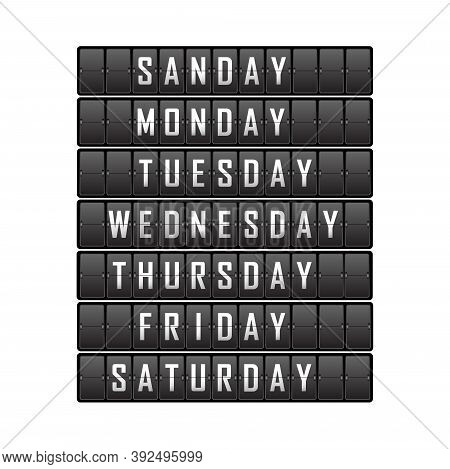 Set Of Names Of Days Of The Week On The Cells Of The Mechanical Tableau. Vector Illustration.