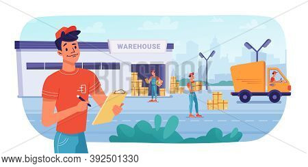 Delivery Logistics, Warehouse Parcel Boxes Delivering By Workers To Minibus Truck, Flat Design. Post