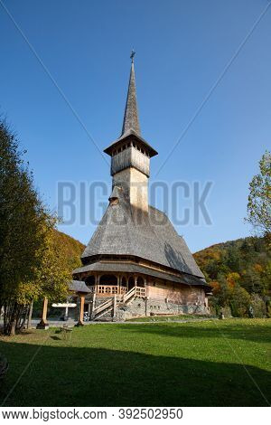 BARSANA, ROMANIA - OCTOBER 28, 2020: View of Barsana Wooden Monastery site in Maramures County, Romania.