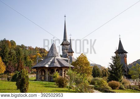 BARSANA, ROMANIA - OCTOBER 28, 2020: View of Barsana Wooden Monastery site in Maramures County, Romania.