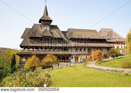 BARSANA, ROMANIA - OCTOBER 28, 2020: View of Barsana Wooden Monastery site in Maramures County, Romania.