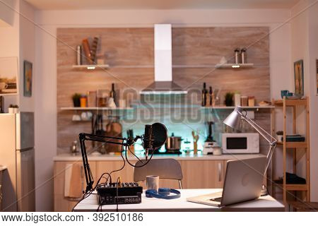 Podcast Home Studio In The Kitchen With Professional Brodcasting Gear. Influencer Recording Social M