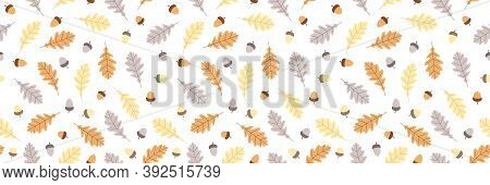 Seamless Autumn Pattern With Orange, Yellow And Grayish Oak Leaves And Acorns On Light Background. V