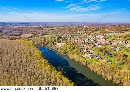 Beautiful Countryside Landscape In Croatia In Autumn, Forest And Kupa River, Aerial From Drone