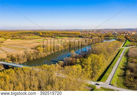 Beautiful Countryside Landscape In Croatia In Autumn, Kupa River And Petrinja Town In Background, Ae