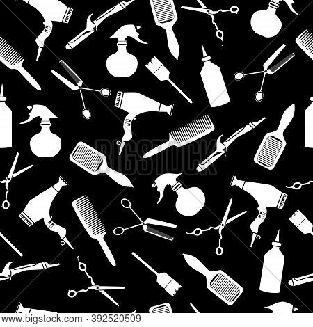 Black And White Hairdresser Tools Seamless Pattern With Curling Iron, Hair Blow, Comb, Bruh And Hair