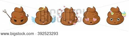 Devil, Angel, In Love, Kissing And Unicorn Funny Poop Emoji Vector Set.