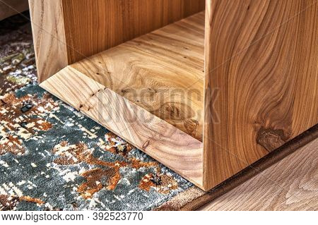 Live Edge Elm Slab Sofa Side Table Close-up. Modern Furniture