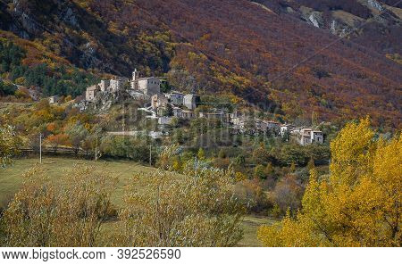 Mountain Autumn View Of Village Of Roccacaramanico In Abruzzo, Italy