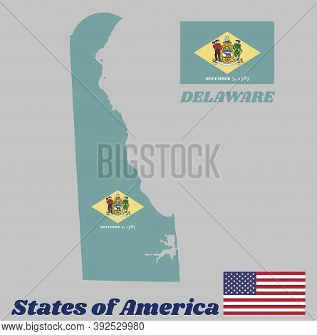 Map Outline And Flag Of Delaware. Yellow Diamond Shape On Green With Coat Of Arms Of The State And T
