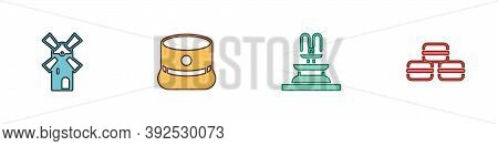 Set Windmill, Kepi, Fountain And Macaron Cookie Icon. Vector