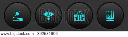 Set Beach, Fan Flamenco, Prado Museum And Sagrada Familia Icon. Vector