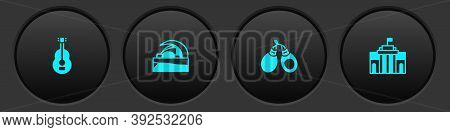 Set Spanish Guitar, Concert Hall De Tenerife, Castanets And Prado Museum Icon. Vector