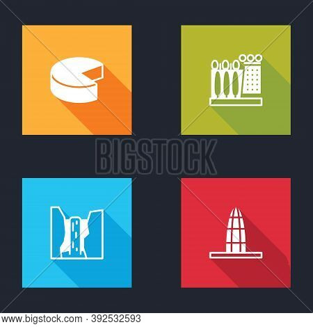 Set Cheese, Dali Museum, Algar Waterfall And Agbar Tower Icon. Vector