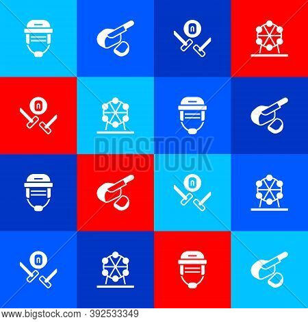 Set Hockey Helmet, Peameal Bacon, Curling Sport Game And Ferris Wheel Icon. Vector