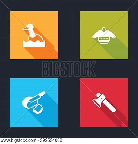Set Flying Duck, Christmas Sweater, Peameal Bacon And Wooden Axe Icon. Vector