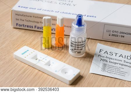 Buckingham, Uk - October 30, 2020. Covid Coronavirus Antibody Testing Kit. Imperial College London R
