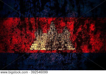 Cambodia, Cambodian, Khmer Flag On Grunge Metal Background Texture With Scratches And Cracks