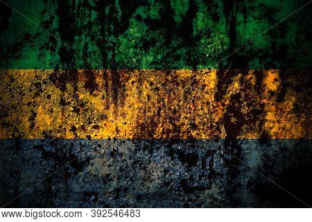 Gabon, Gabonese, Gabonian Flag On Grunge Metal Background Texture With Scratches And Cracks