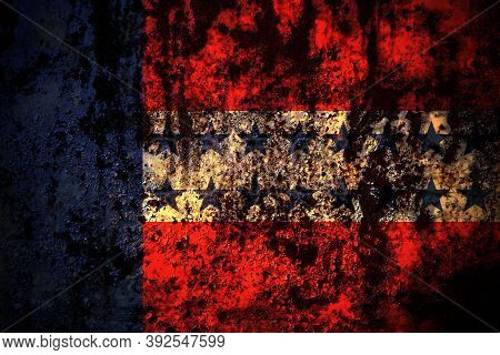 Tuamotu Archipelago Flag On Grunge Metal Background Texture With Scratches And Cracks