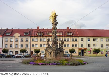 Fulnek, Czech Republic - October 7, 2020: Fountain With A Statue Of John Sarkander In The Centre Of 