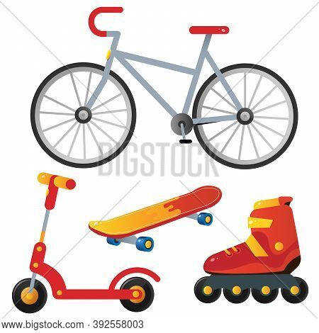 Color Image Of Red Bicycle, Scooter, Skateboard And Roller Skates. Summer Outdoor Games And Active R