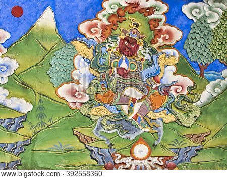 La Boulaye, France - April Circa, 2018. Very Colored Mural Painting Of Buddhist Story On Temple Wall