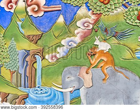 La Boulaye, France - April Circa, 2018. Very Colored Mural Painting Of Buddhist Story On Temple Wall