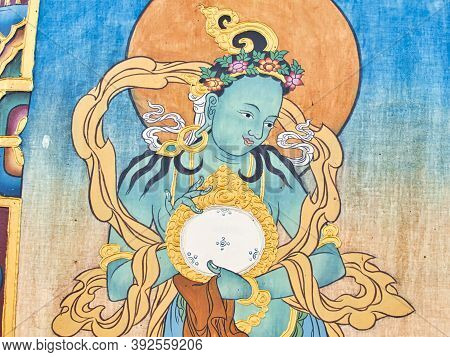 La Boulaye, France - April Circa, 2018. Very Colored Mural Painting Of Buddhist Story On Temple Wall
