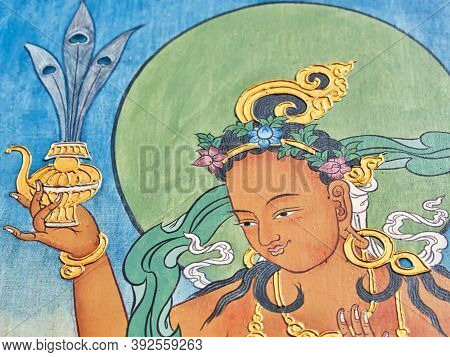 La Boulaye, France - April Circa, 2018. Very Colored Mural Painting Of Buddhist Story On Temple Wall