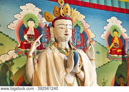 La Boulaye, France - April Circa, 2018. Beautiful White Tara Verte Statue, Mother Of Buddha , In The