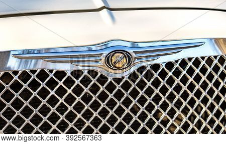 Samara, Russia - October 27, 2020: Close Up View Of Emblem Of Chrysler Vehicle. Logo Of Chrysler Veh