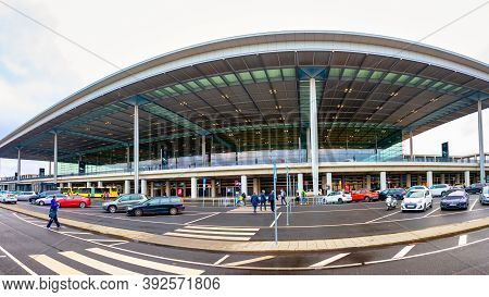Schönefeld, Germany - November 1, 2020 - Passenger Terminal Berlin Brandenburg Airport At A Cloudy D