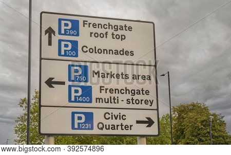 Doncaster, Yorkshire, England -  October 7, 2020. Town Centre Sign Indicating Multiple Car Parks To 