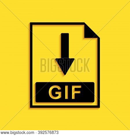 Black Gif File Document Icon. Download Gif Button Icon Isolated On Yellow Background. Long Shadow St