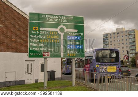 Doncaster, Yorkshire, England -  October 7, 2020. Cleveland Street Roundabout Sign In Doncaster.