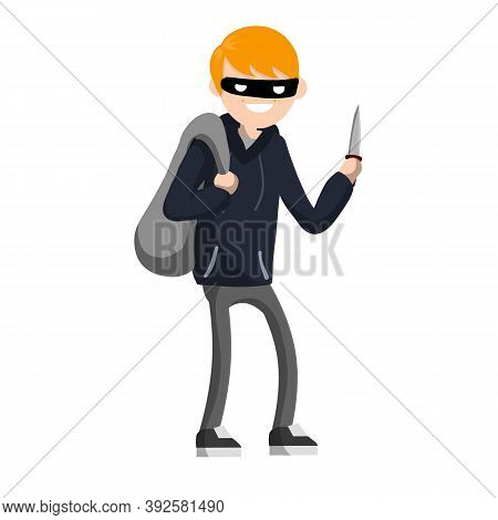 Man With Knife Extorting Money. Problem Of Urban Security.