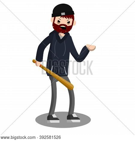 Man With Baseball Bat Is Extorting Money. Problem Of Urban Security. Thief At Work. Extortion And Ro