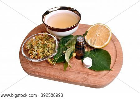 Fresh Healthy Linden Flowers, Lemon And Tea With Essential Oil Good For Coronavirus
