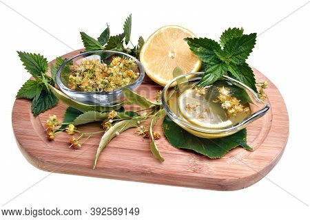 Fresh Healthy Linden And Nettle Plant With Essential Oil Isolated On A White Background Good For Cor