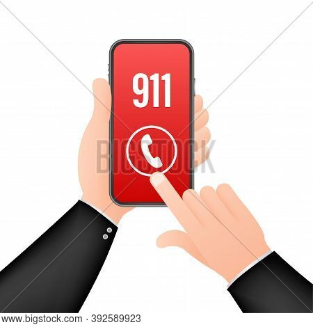 911 Smartphone In Flat Style. Call Icon Vector. Hand Holding Smartphone. First Aid. Finger Touch Scr