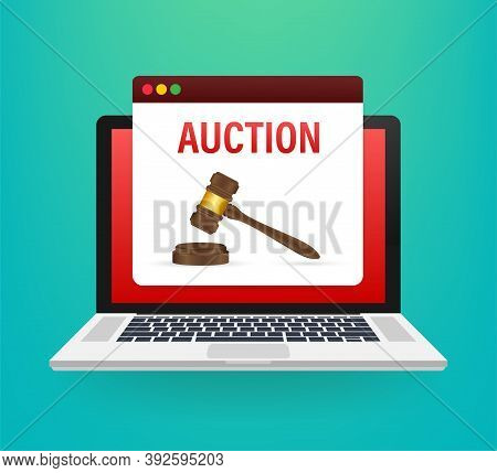 Auction Hammer Icon In Cartoon Style Isolated On Laptop Screen. E-commerce Symbol Stock Vector Illus