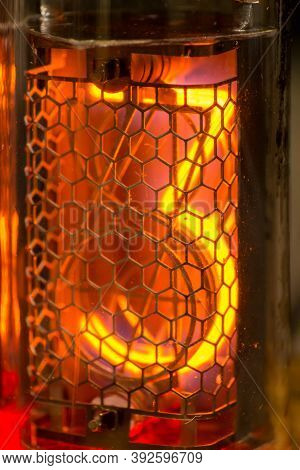 3, Nixie Tube Showing Three Red, Macro Shot