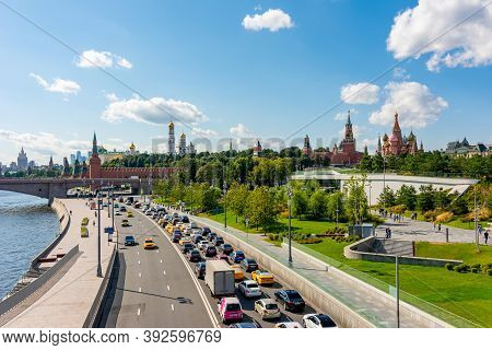 Moscow, Russia - August 2020: Kremlevskaya Embankment With Towers Of Moscow Kremlin